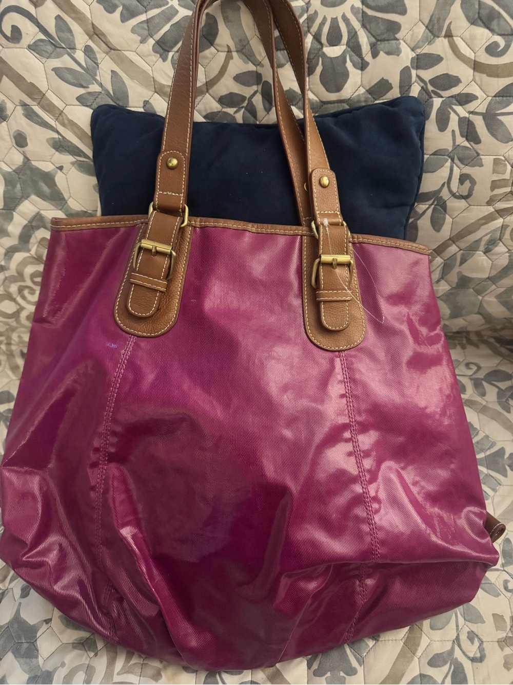 Boden Pink-Magenta Tote with Brown Trim and Buckle Straps
